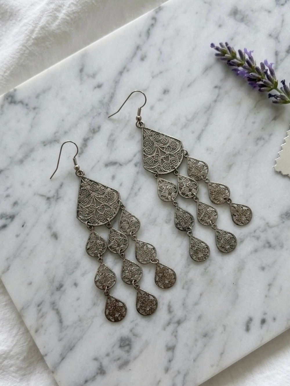 Silver Filigree Chandelier Drop Earrings